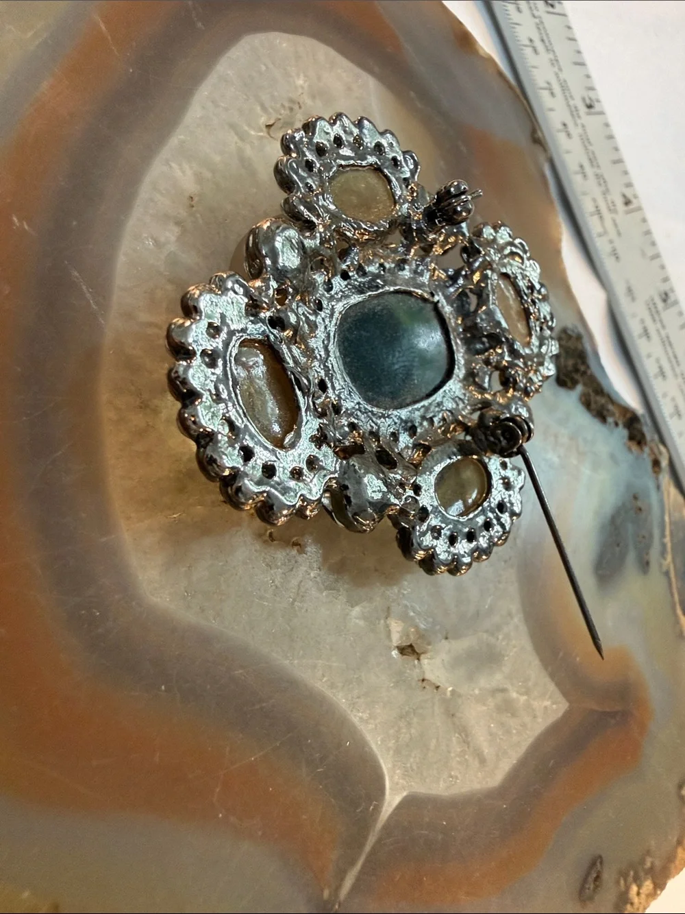Vintage Brooch Black enamel Center & Amber Accents Inc rhinestone Guc 2” appx